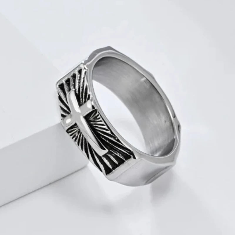 ヴィンテージ ホーリーライト クロスリング メンズ ステンレススチール タリスマンリング 宗教的信仰ジュエリー イースター ハロウィン 感謝祭ギフト