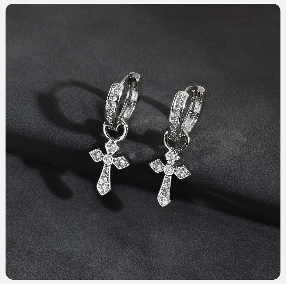 Vnox クロスペンダントフープイヤリング メンズ ボーイズ 27.6mm シルバーカラー 銅ジルコン パンクジュエリー ゴシックスタイル 誕生日パーティーギフト