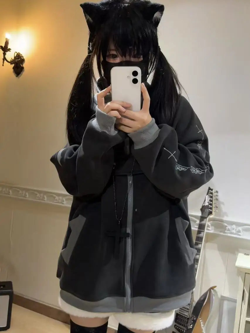 ファッションベルベットスタンドカラーサブカルチャー猫耳フード付きスウェットシャツジャケットオリジナルゴシック長袖ゆったり暖かいエレガントコート