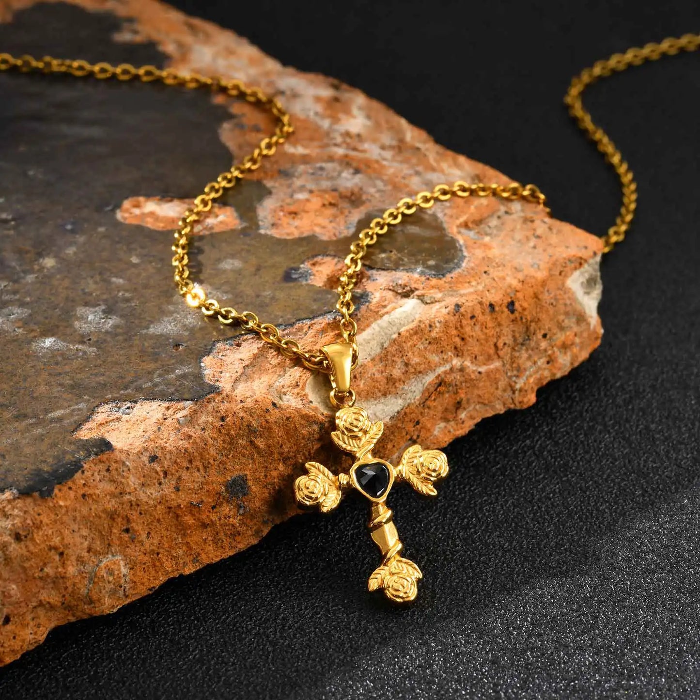  Fashion Heart Zircon Rose Flower Cross Pendant Necklace for Men Women, Gold Plated Stainless Steel Necklace,Aesthetic Jewelry