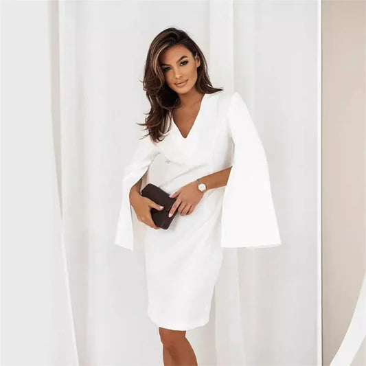 Women Sexy Deep V-neck Hip Wrap Mini Dress Elegant Split Long Sleeve Solid Slim Fit Dress Fashion Hight Waist Draped Party Dress