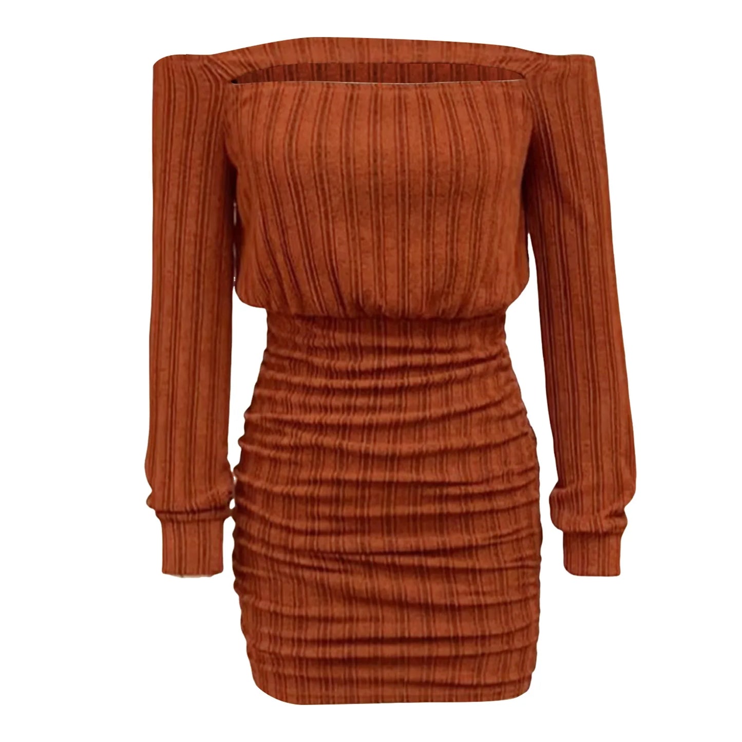 Women's Sexy Off Shoulder Bodycon Mini Dress Solid Color Long Sleeve Ribbed Knit Short Dress Elegant Lady Hip Wrap Party Dresses