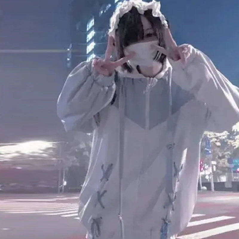 Girls Stitch Woman Clothing Subculture Japanese Hoodie Blue White Autumn Woman Sweatshirts Zipper Winter y2k Clothes Hoodies