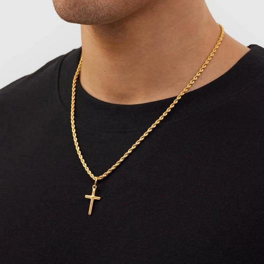 Stainless Steel Cross Pendant Necklace for Men Boys 18K Gold Plated Silver Simple Twisted Chain Fashionable Jewelry Beach Party