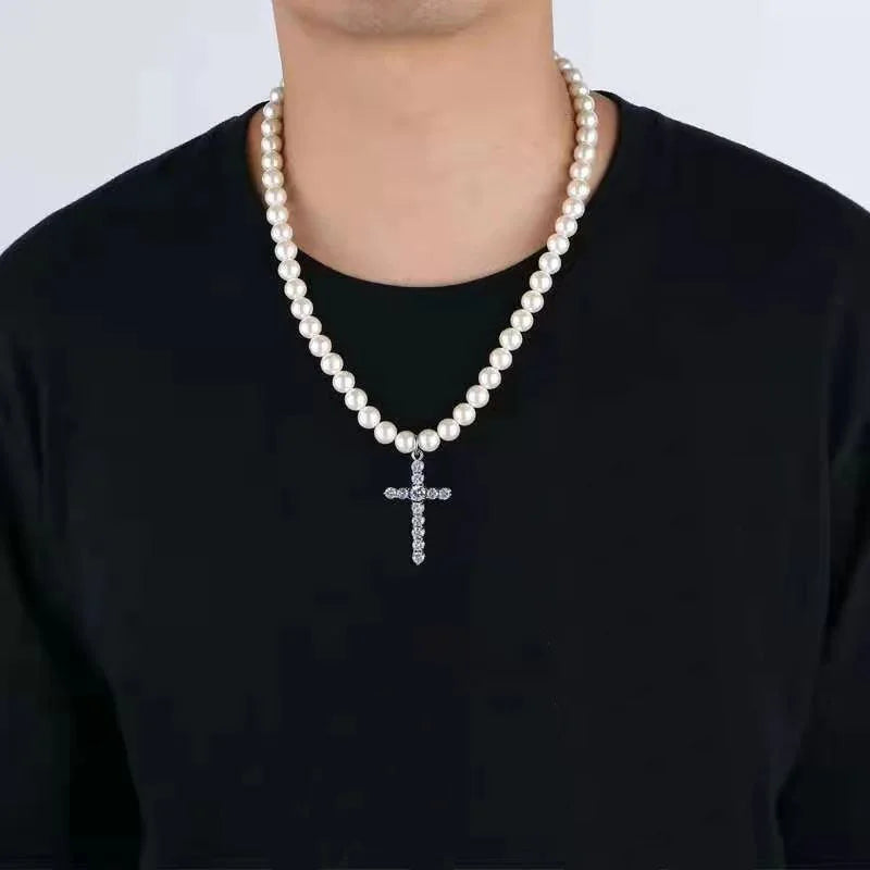 ヴィンテージパールクロスネックレス メンズ クリスタルクロス ラインストーンペンダント シンプルパールビーズチョーカー メンズネックレス ファッションジュエリー