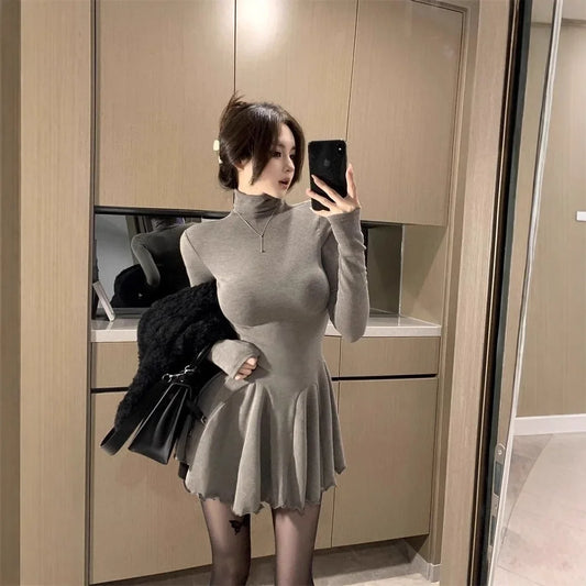 Slimming High Collar Long Sleeve Women's Dress Empire Waist Mini Skirt Base Layer Skirt Puffy Dress Fashionable Autumn New Arriv