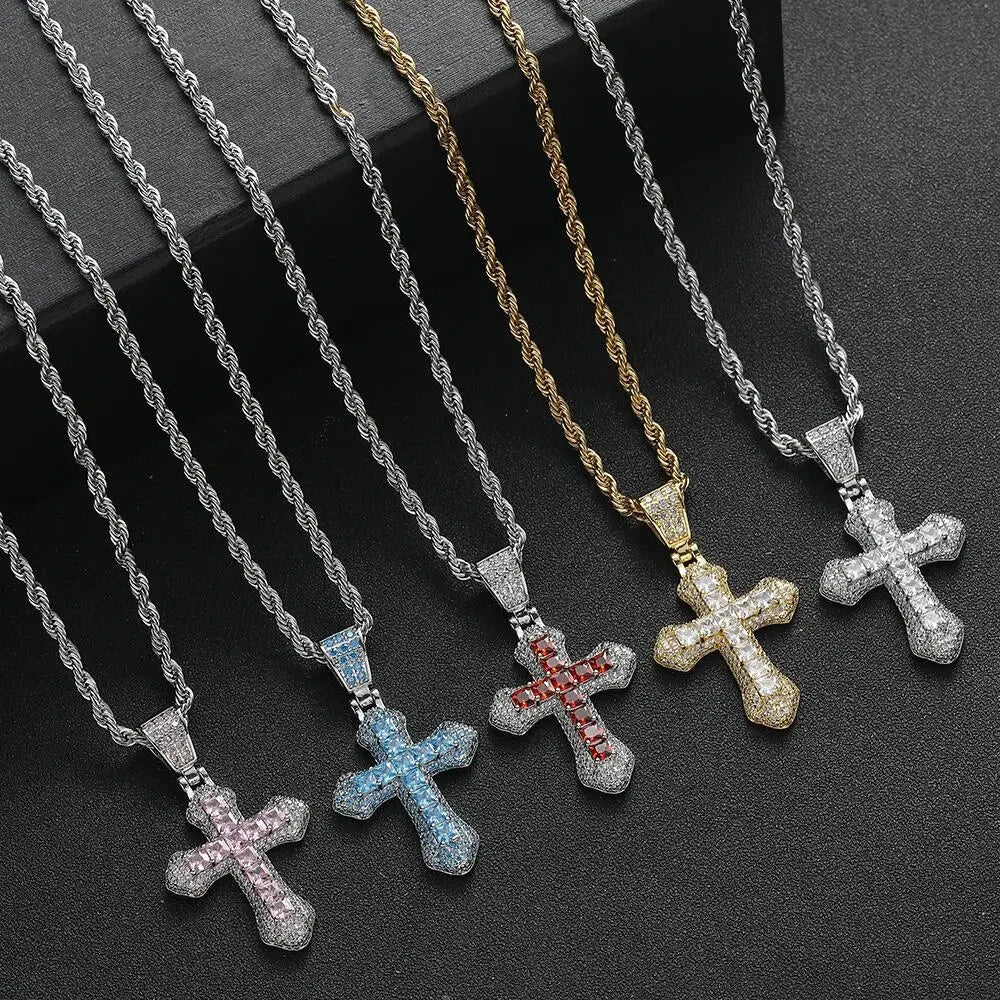 2025 ピンク レッド ホワイト パープル ブルー 5色 キュート ミニ スモール カラフル CZ クロス ペンダント ネックレス ヒップホップ メンズ レディース ファッション ジュエリー