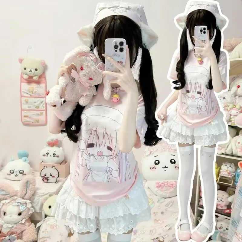 Y2k Women Clothing Cute Cartoon Summer Short Sleeve Tops Loose Anime Print Subculture T Shirts Haraiuku New Kawaii Sweet Tees
