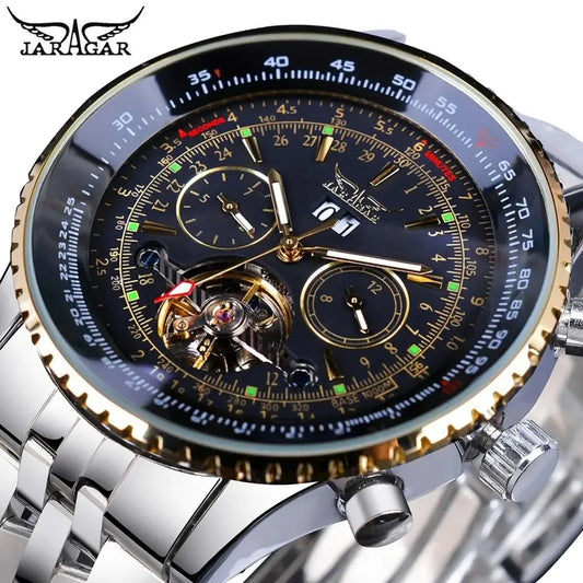Jaragar 034 Top Brand Retro Blue Automatic Multifunctional Watch Stainless Steel Date Tourbillon Hollow Skeleton Watch Men Watch