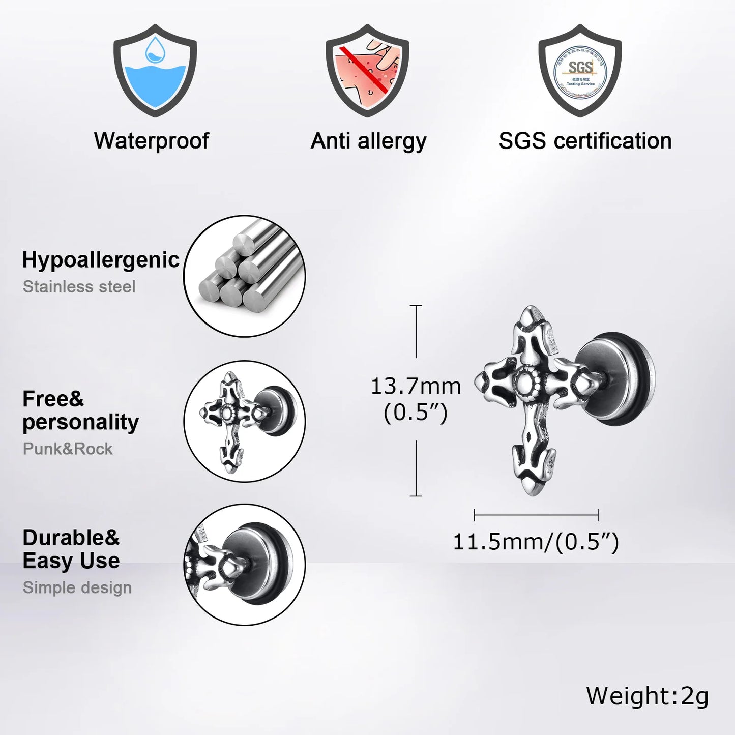ゴシッククロスイヤリング メンズ ボーイズ用 防水ステンレススチールスタッドイヤリング ロックパンク 祈りのジュエリー ハロウィンギフト