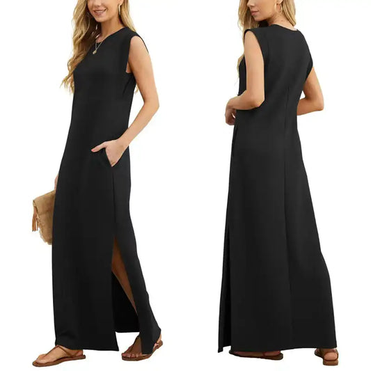 Women's Summer Casual Loose Sundress Long Dress Sleeveless Round Neck Split Tshirt Maxi Dresses Wrinkle-Free with Pocket