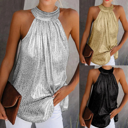 Womens Fashion Shiny Halter Neck Tank Tops Vest Ladies Summer Casual Solid Color Sleeveless T Shirt Blouse Black Gold Silver
