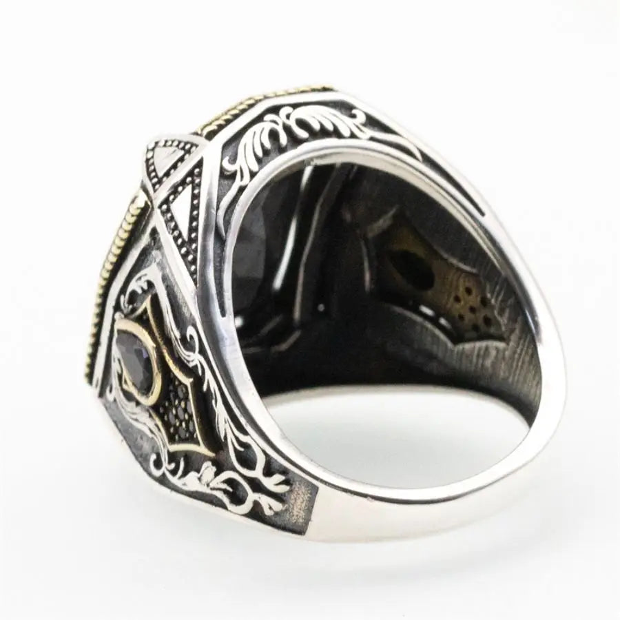 オリジナル925スターリングシルバーの圧倒的なトルコ風デザインメンズリング、ブラックキュービックジルコニアストーン付き