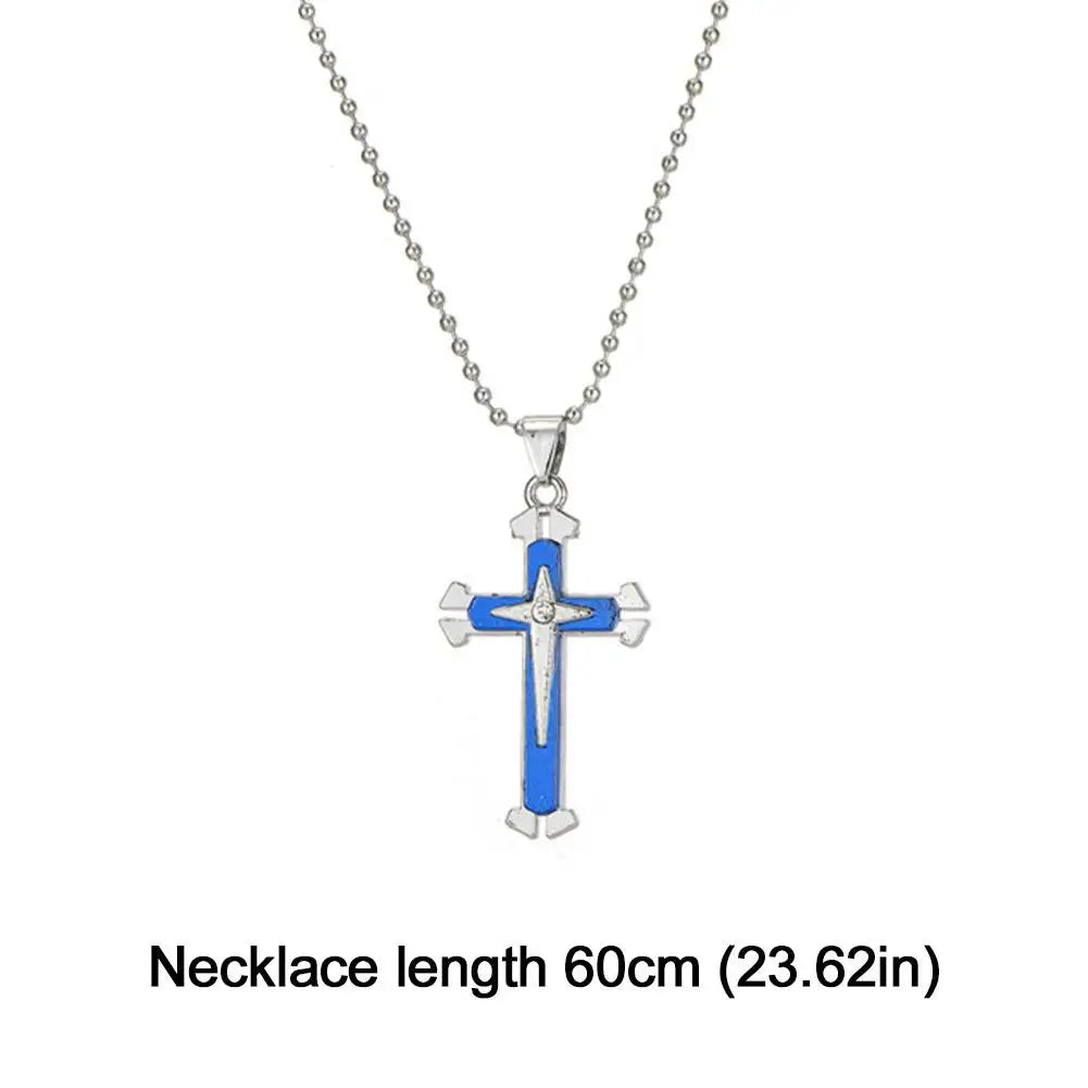 ヴィンテージクロスペンダントネックレス ビーズチェーン付き ジュエリーネックレス ブルー ファッション柄 メンズアクセサリー 合金クロス