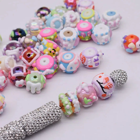 10pcs/bag Acrylic Beads Fashion Hand Drawn Cartoon Painting Loose Beaded DIY Handmade DIY Bracelets Mobile phone chain Bead Pen