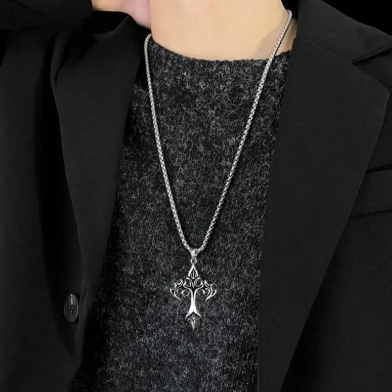 メンズファッション パンク フレイムクロスペンダントチェーンネックレス レディース 男性 ロングチェーン ヒップホップ ロック ゴシックジュエリーギフト