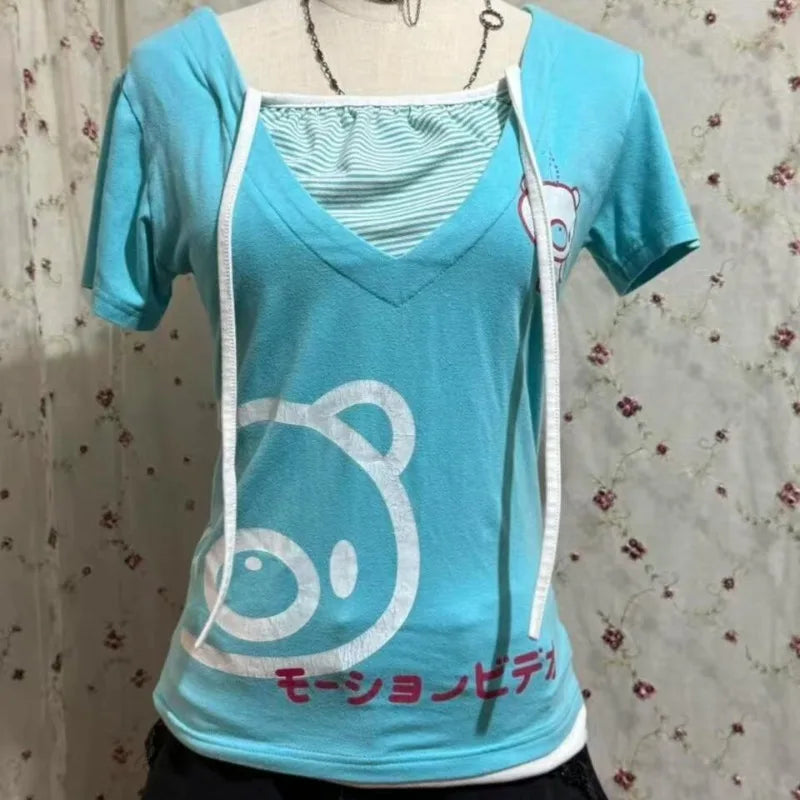 アメリカン・ホッティーTシャツ サブカルチャー ストライプ パッチワークTシャツ かわいい 原宿系 漫画 クマ プリントTシャツ レディース スリム フェイクツートップス