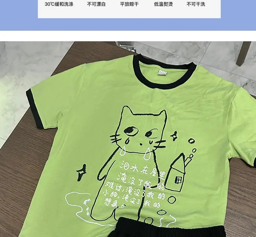日本のサブカルチャー かわいい猫プリント 半袖Tシャツ レディース 夏 ヴィンテージ グリーン カジュアル ゆったり スウィートガール Y2K トップス