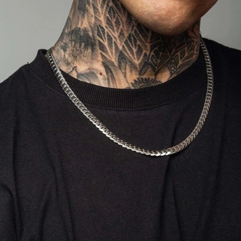 男性用高光沢キューバチェーンネックレス、7mmステンレススチールフラットキューバチェーンカラー、50/55/60cm男性用チェーン