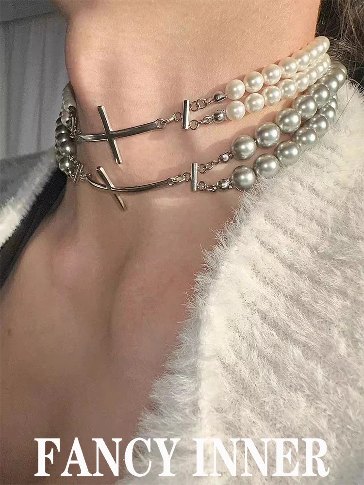 2024 New Pearl Cross Necklace Beaded Punk Cool Unisex Couple Trendy Neck Accessories Choker for Women Men Jewelry