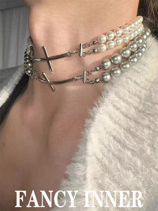 2024年新作 パールクロスネックレス ビーズ パンク クール ユニセックス カップル トレンド ネックアクセサリー チョーカー レディース メンズ ジュエリー