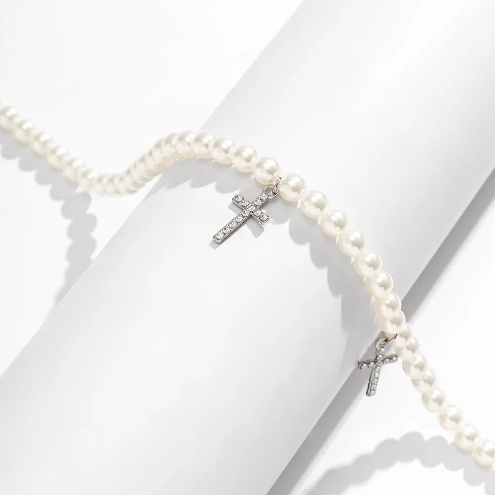 パールビーズチェーンクロスペンダントネックレスメンズトレンドホワイトビーズチョーカーシャイニーラインストーン2023ファッションジュエリー男性