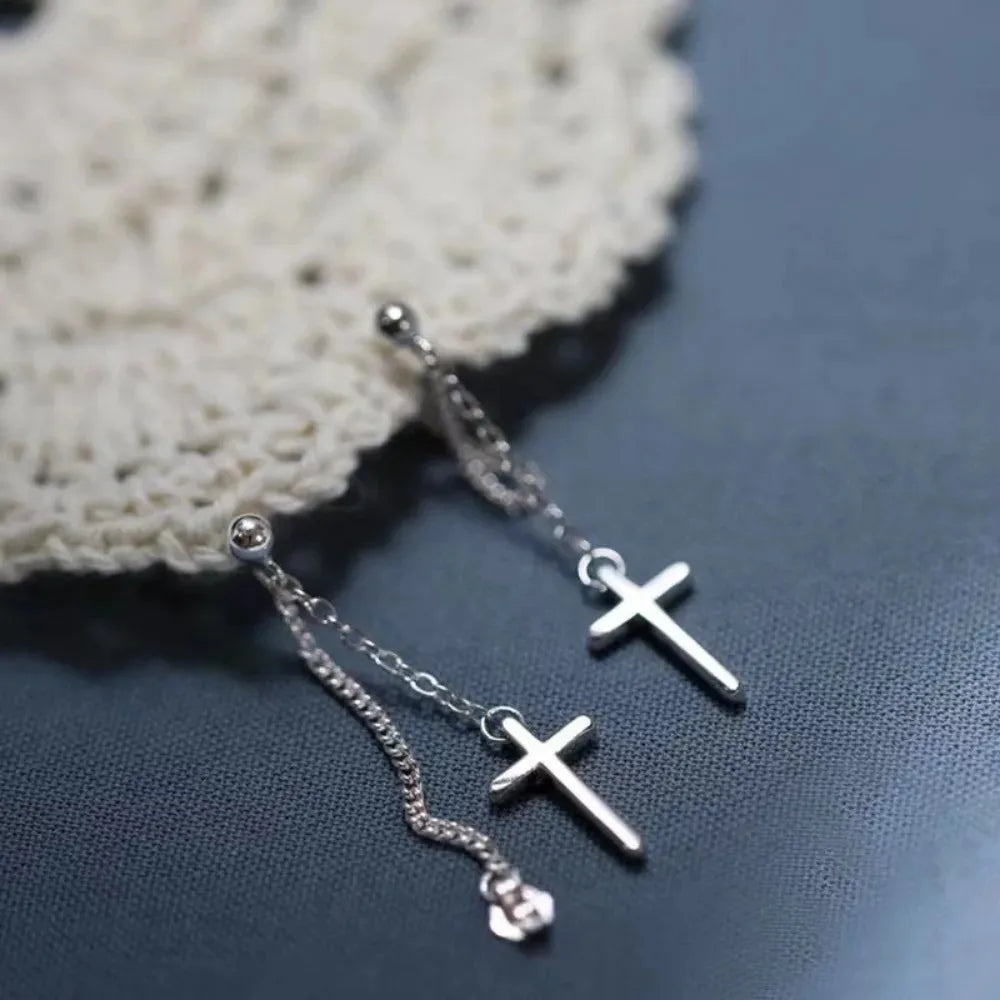 Punk Silver Cross Drop Earrings for Women Men Gothic Hip Hop Long Tassel Hanging Earring Jewelry Gift