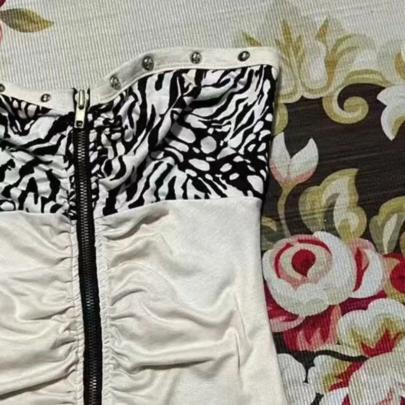 レトロなホットティースリムストラップレスベストアメリカンサブカルチャーヒョウ柄ステッチタンクトップパンク原宿ジッパーデザインレディースセクシーベスト