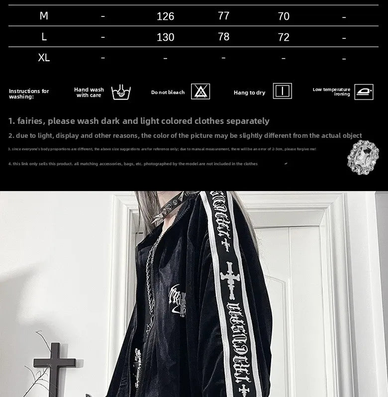 オリジナルサブカルチャーY2Kゴスベルベットプリントジッパージャケット秋新作ストリートパンクダークルーズスポーツコート原宿カジュアルジャケット