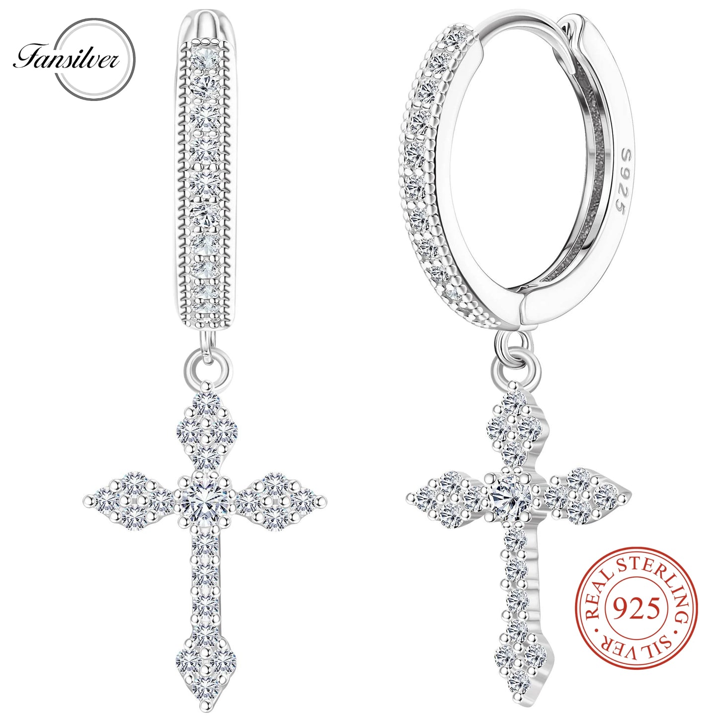 Fansilver 925スターリングシルバー クロスイヤリング レディース メンズ 華奢なCZハギーフープイヤリング アイスアウトクロスダングルイヤリング ボックス付き
