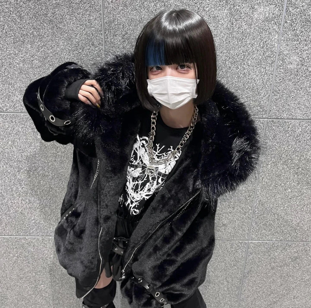 日本製マインシリーズ リベットクロス シープイヤー フード付きジャケット 冬物 新作 ゴスパンク ダークガールズ イミテーションファー プラッシュコート レディース