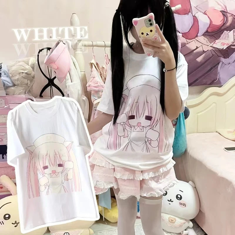 Y2k Women Clothing Cute Cartoon Summer Short Sleeve Tops Loose Anime Print Subculture T Shirts Haraiuku New Kawaii Sweet Tees