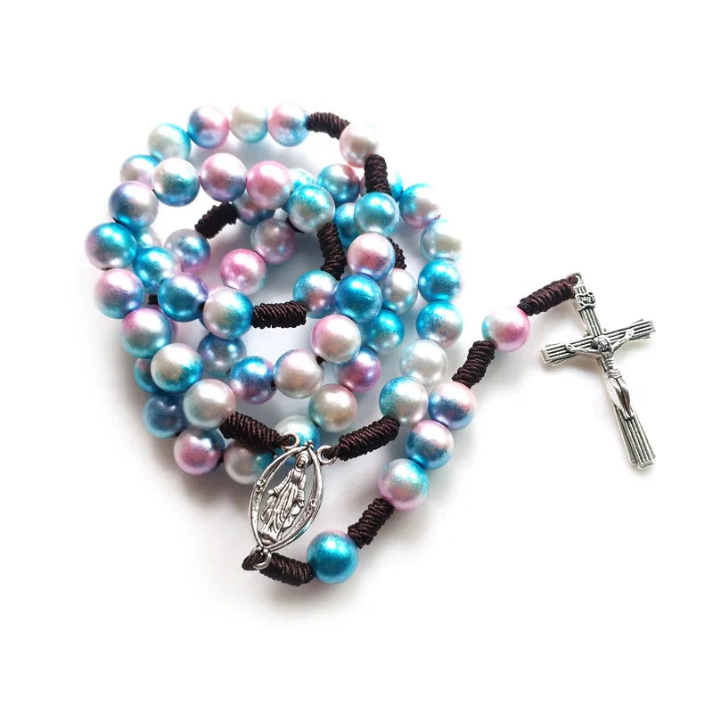Strand Woven Rosary Necklace For Men Women Cross Pendant Acrylic Beads Religious Jewelry