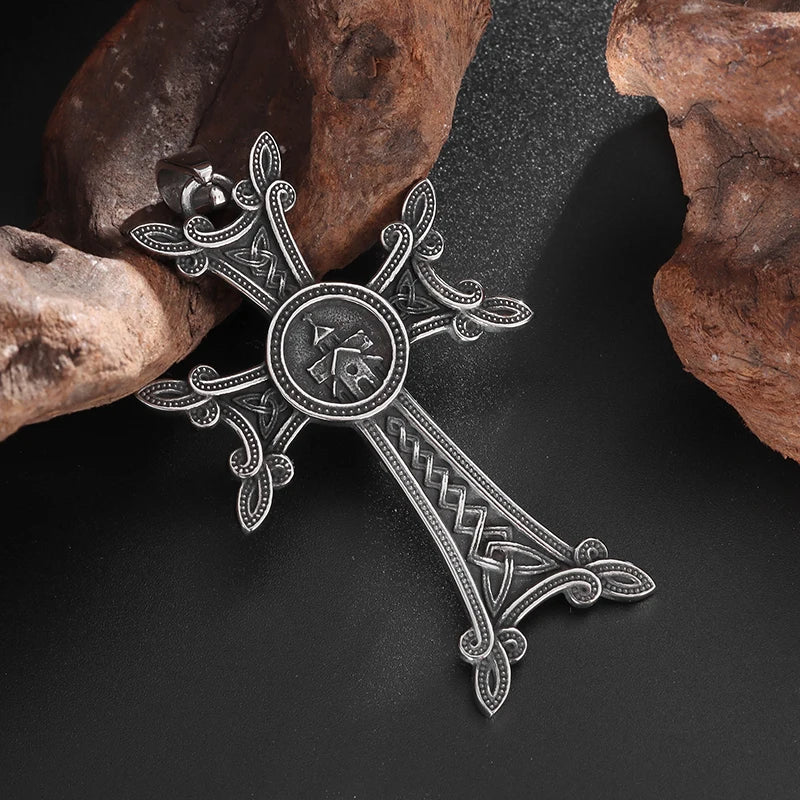 Stylish Valknut Celtic Cross Pendant Necklace Armenian Cross or Khachkar Cross Jewelry for Men