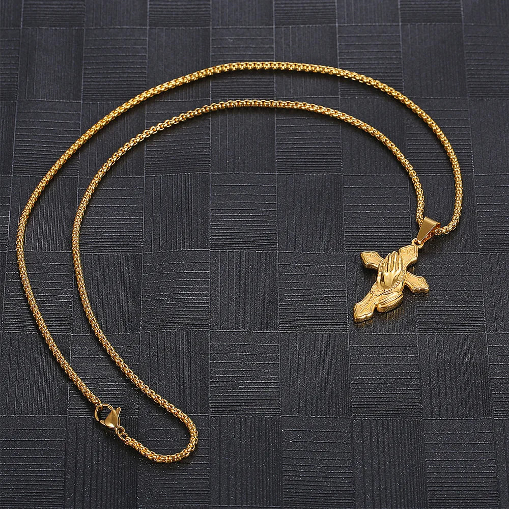 祈りの十字架ネックレス トレンディ 男女兼用 ハンドトゥペンダント ヒップホップ チタンスチール セーターチェーン ジュエリー ギフト