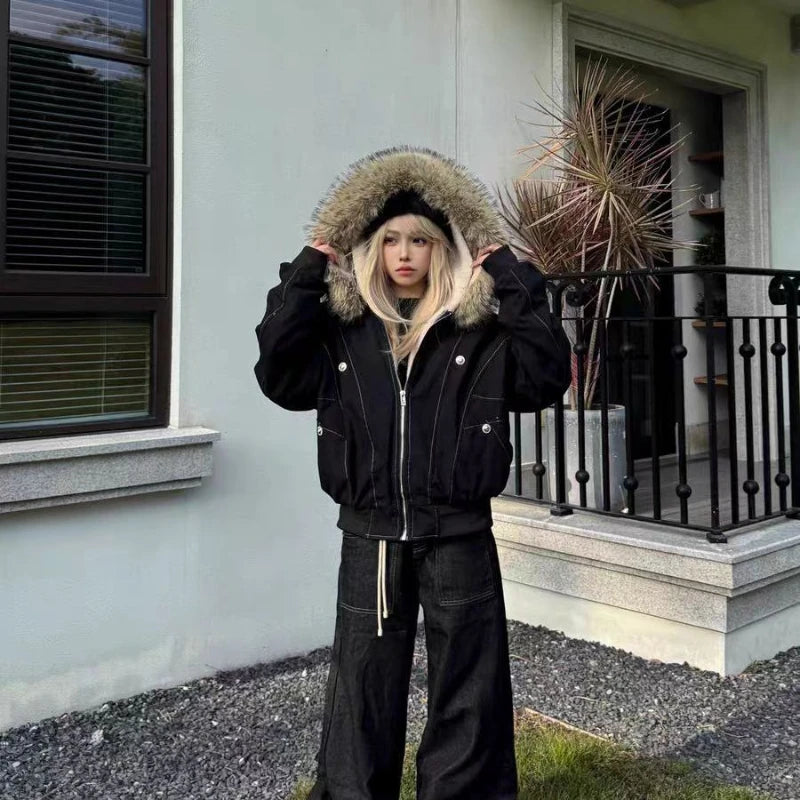 アメリカンスタイル レトロ ファーカラー イミテーションミンクファー フード付き コットンパッド入り ジャケット レディース&amp;メンズ ゴシック ヒップホップ カジュアル ジッパー パーカー