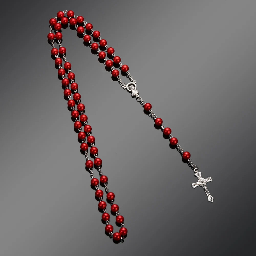ファッションヴィンテージクロスネックレスロザリオビーズチェーンイエス十字架聖母マリアペンダントチェーンジュエリーネックレス