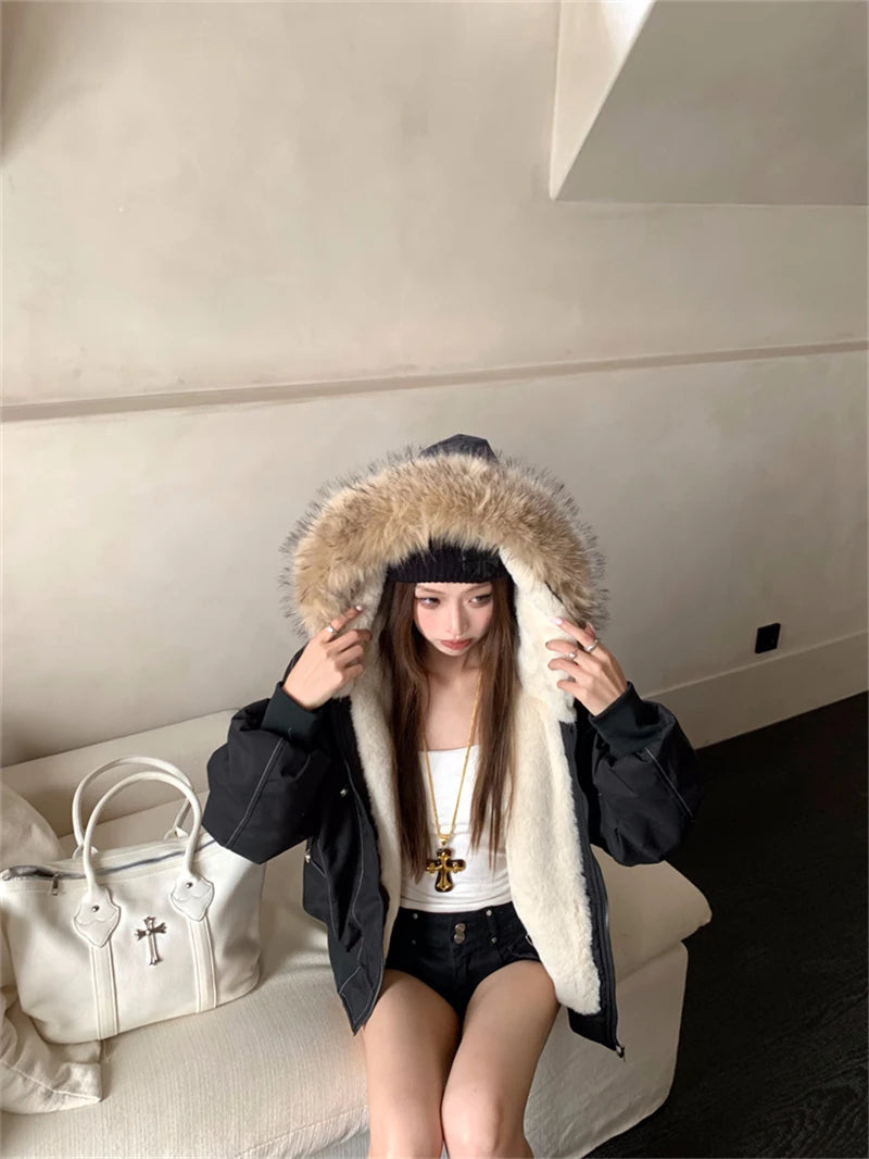 ZAROY レディース&amp;メンズ 冬用ジャケット Y2K ストリートウェア ファーカラー フード付き カジュアル ルーズコート 暖かい 原宿系 パーカー ゴシック パーカー куртк