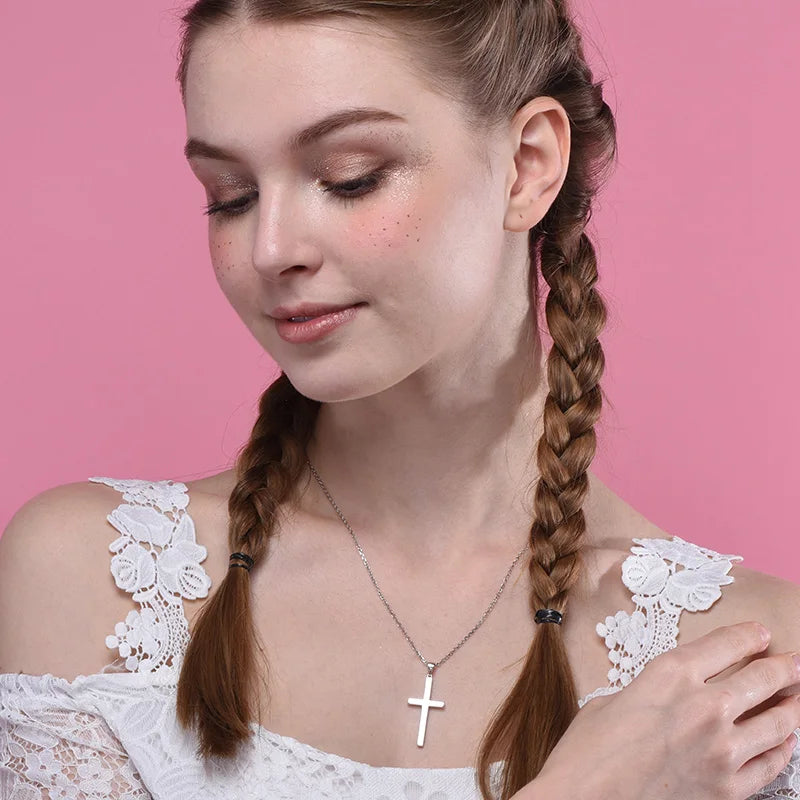 U7 925 Sterling Silver Cross Necklace 4.4g Shiny Cross Pendant Rolo Chain Minimalist Religious Christian Unisex Jewelry Gift