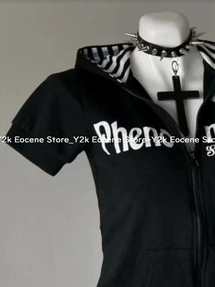 Y2K サブカルチャー スカルプリント ジップカーディガン 半袖 レディース 日本製 スリムフィット ストライプ パーカー カジュアル トップス ファッション ストリートウェア