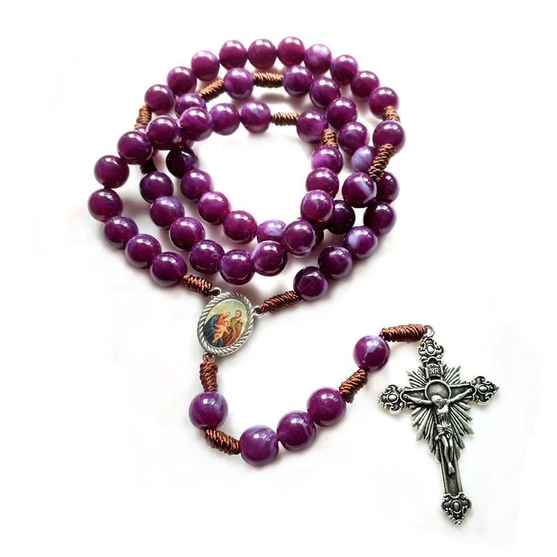 Strand Woven Rosary Necklace For Men Women Cross Pendant Acrylic Beads Religious Jewelry