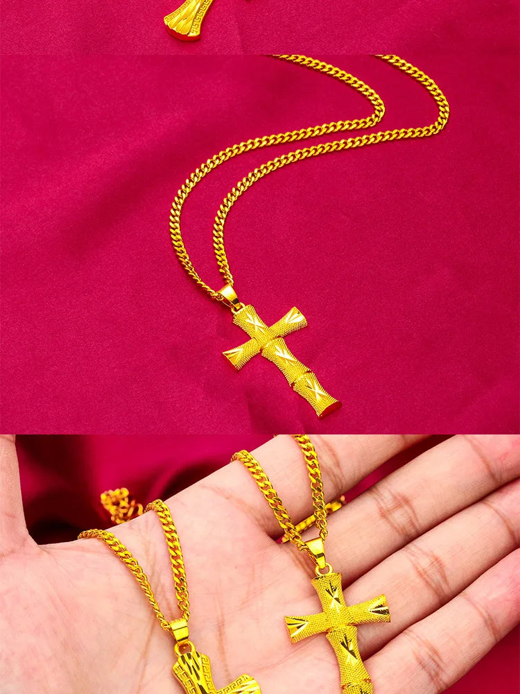 Men's 24K Gold (AU999) Overbearing Cross Necklace | Openwork cross chain, micro-diamond glow with magnetic closure