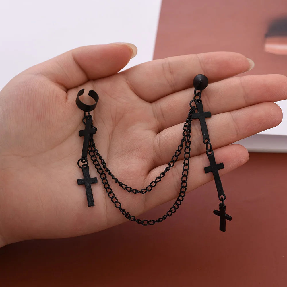 2個 メンズ レディース パンク ゴシック クロス イヤリング 誇張されたクラシック メタル クリスチャン チェーン ドロップ ダングル イヤリング ストリート ヒップホップ ジュエリー