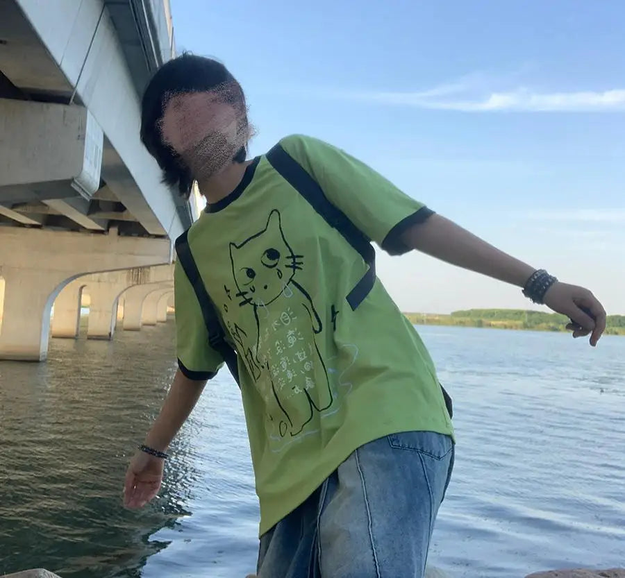 日本のサブカルチャー かわいい猫プリント 半袖Tシャツ レディース 夏 ヴィンテージ グリーン カジュアル ゆったり スウィートガール Y2K トップス