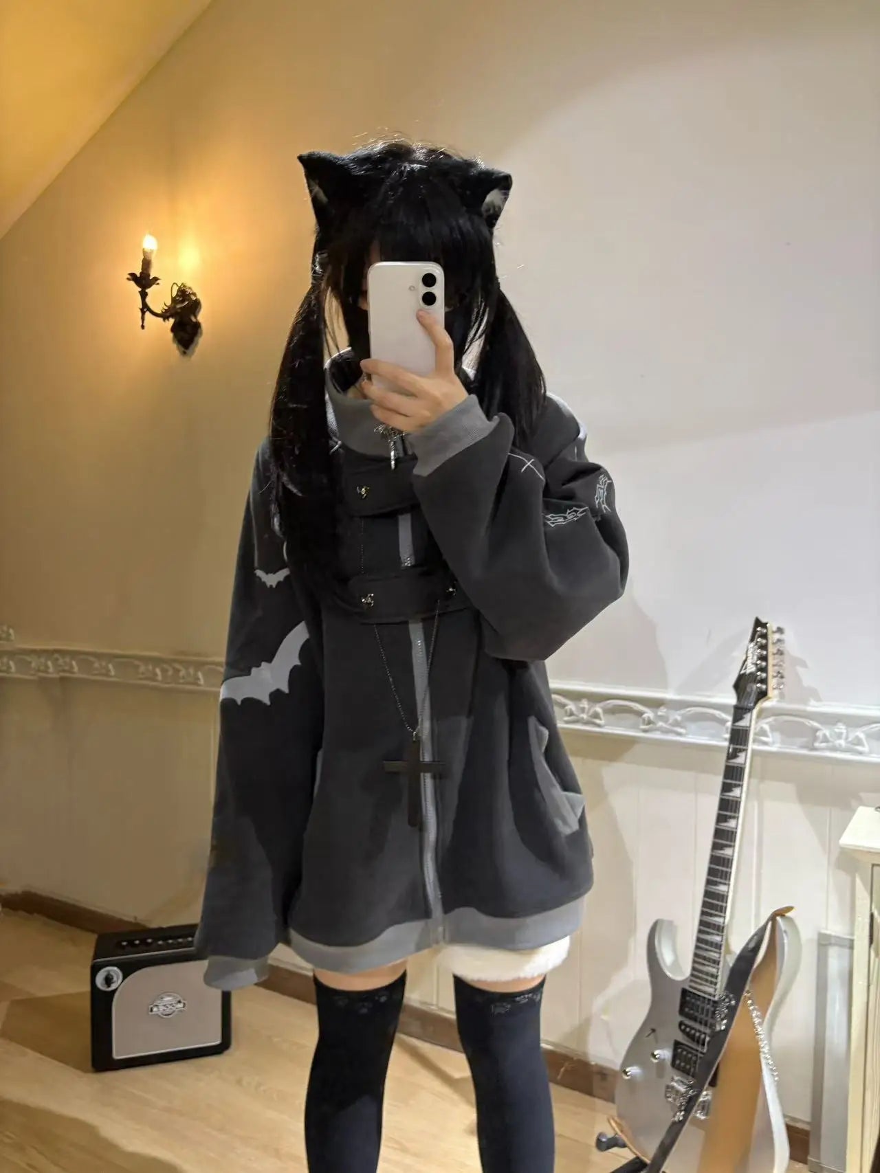 ファッションベルベットスタンドカラーサブカルチャー猫耳フード付きスウェットシャツジャケットオリジナルゴシック長袖ゆったり暖かいエレガントコート