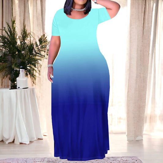 Women's Plus Size Gradient Color Maxi Dresses Short Sleeve Sundress Summer T-Shirt Beach Long Dress with Pockets