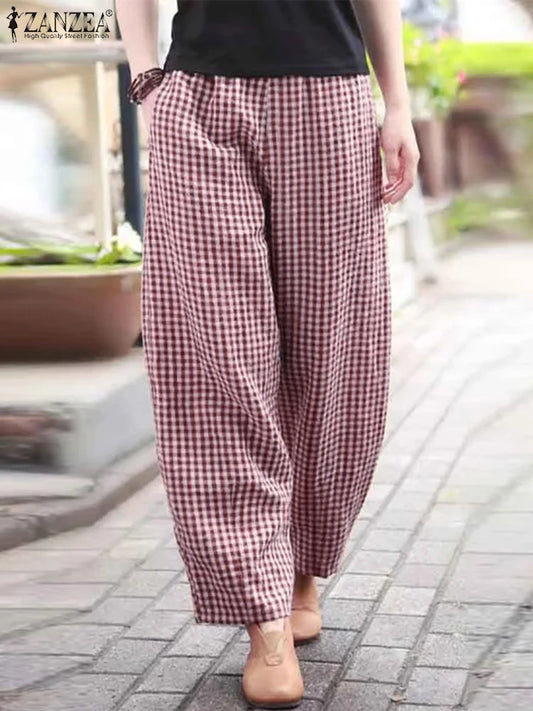 ZANZEA 2025 Plaid Pants Women Fashion Lantern Pants Casual Loose Long Trouser Summer Pockets Elastic Waist Bottoms Oversized