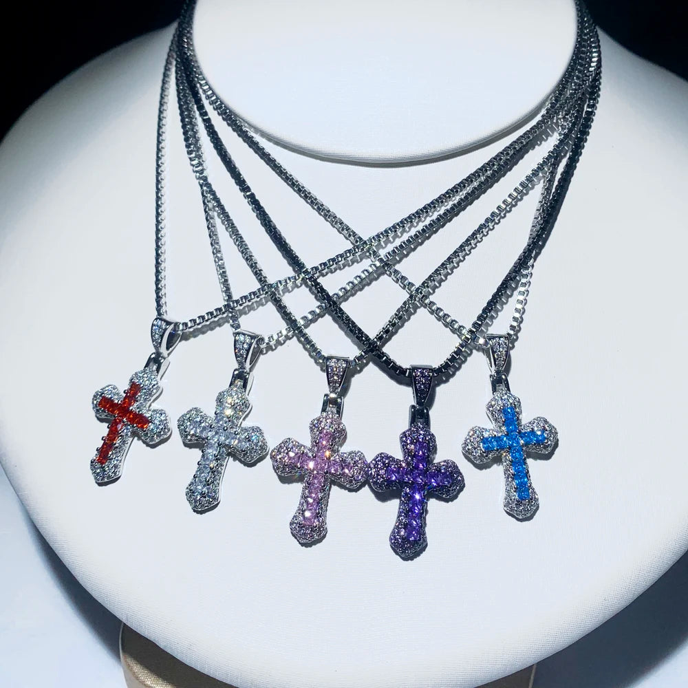 2025 ピンク レッド ホワイト パープル ブルー 5色 キュート ミニ スモール カラフル CZ クロス ペンダント ネックレス ヒップホップ メンズ レディース ファッション ジュエリー