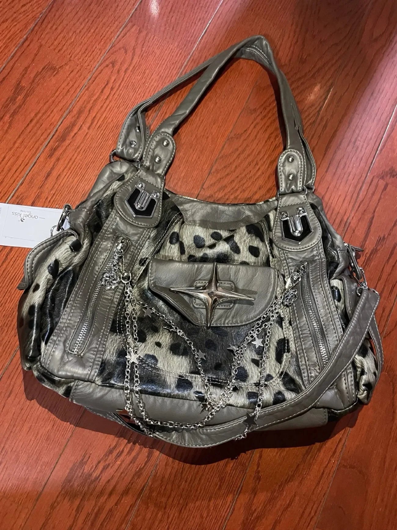 グレーのヒョウ柄ハンドバッグ クロススター サブカルチャー Y2K ショルダーバッグ ホットガール トートバッグ 大容量 ポータブルメッセンジャーバッグ 2024年新作