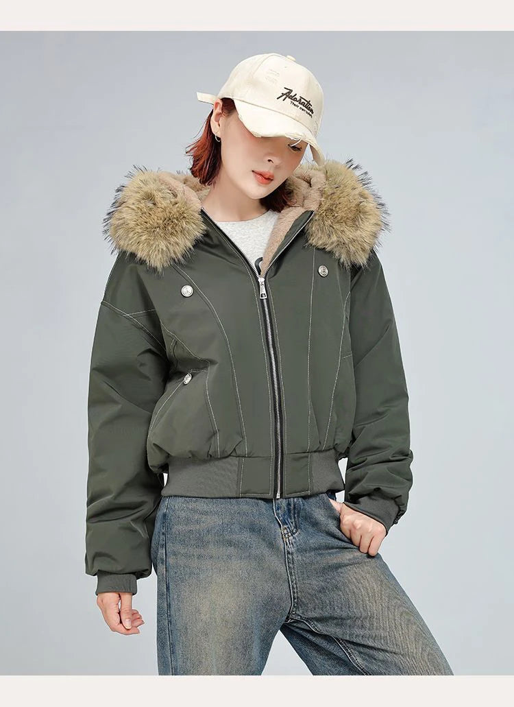 アメリカンスタイル レトロ ファーカラー イミテーションミンクファー フード付き コットンパッド入り ジャケット レディース&amp;メンズ ゴシック ヒップホップ カジュアル ジッパー パーカー